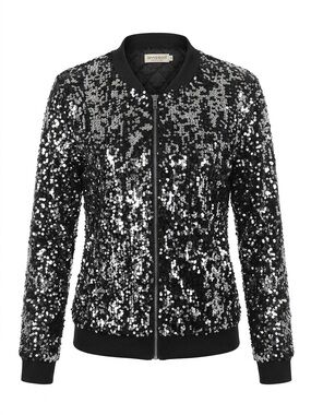 Anna-Kaci Black Sequin Bomber Jacket with Quilted Lining